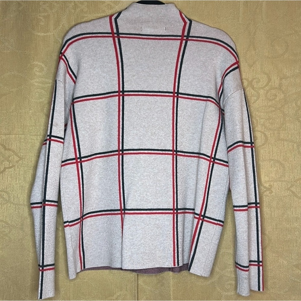 Tahari Beige Red Black Windowpane Plaid Mock Neck Sweater L Preppy Fall Minimal - Picture 6 of 6
